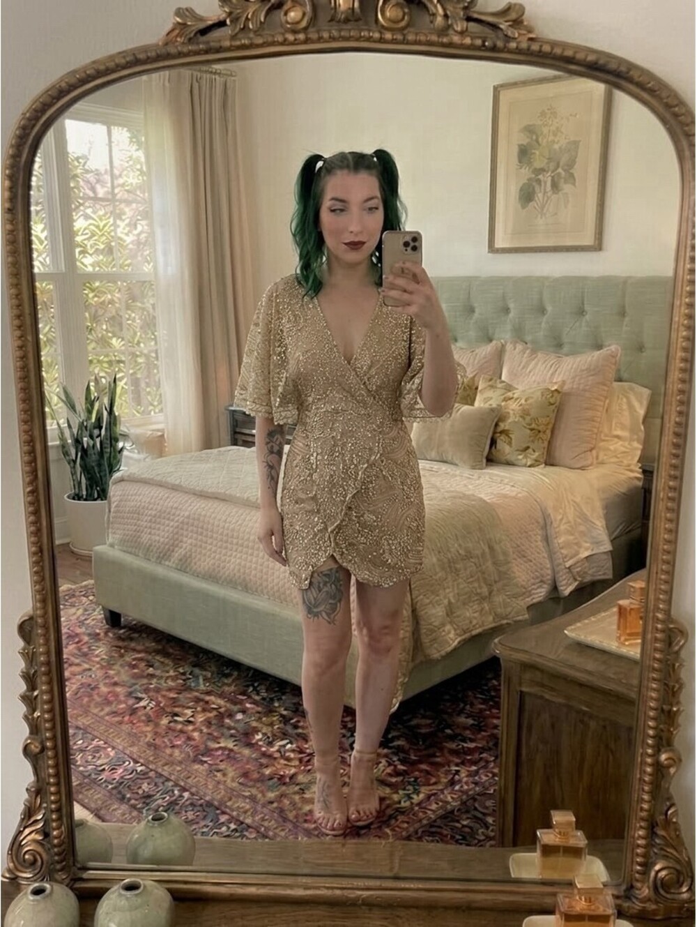 NWT Here Comes The Sun Dress Champagne Gold Glitter Wrap Mini Size Small